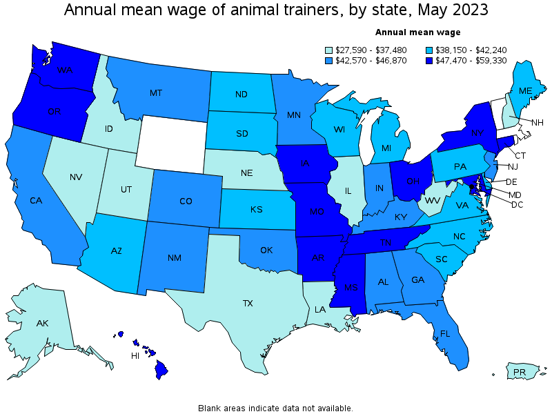 Map of annual mean wages of animal trainers by state, May 2021