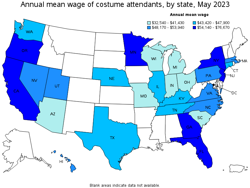 Map of annual mean wages of costume attendants by state, May 2023