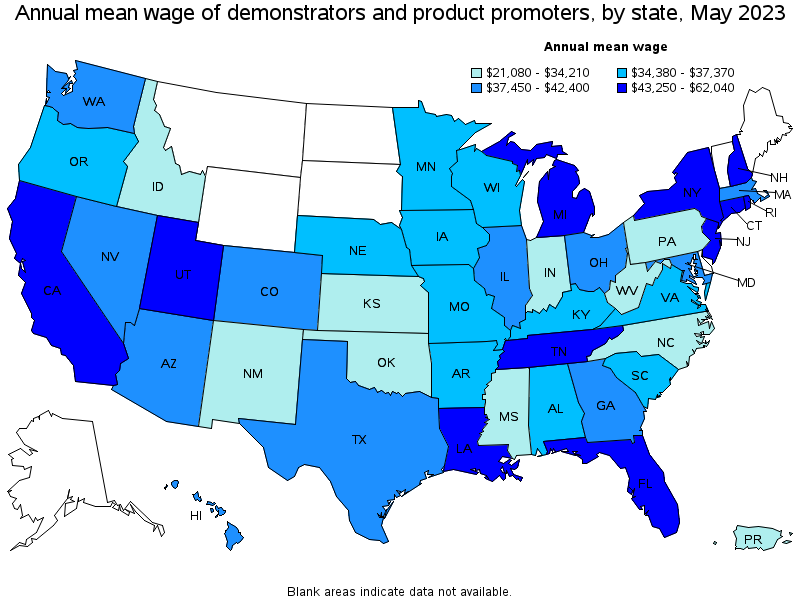 Map of annual mean wages of demonstrators and product promoters by state, May 2023