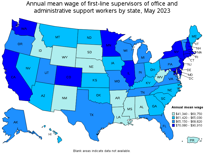 Map of annual mean wages of first-line supervisors of office and administrative support workers by state, May 2023