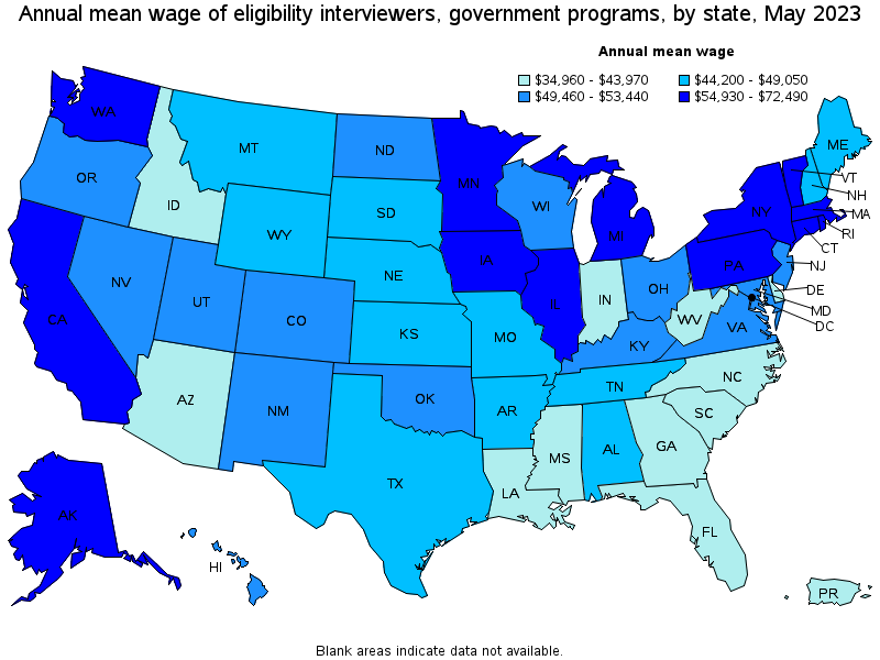 Map of annual mean wages of eligibility interviewers, government programs by state, May 2021