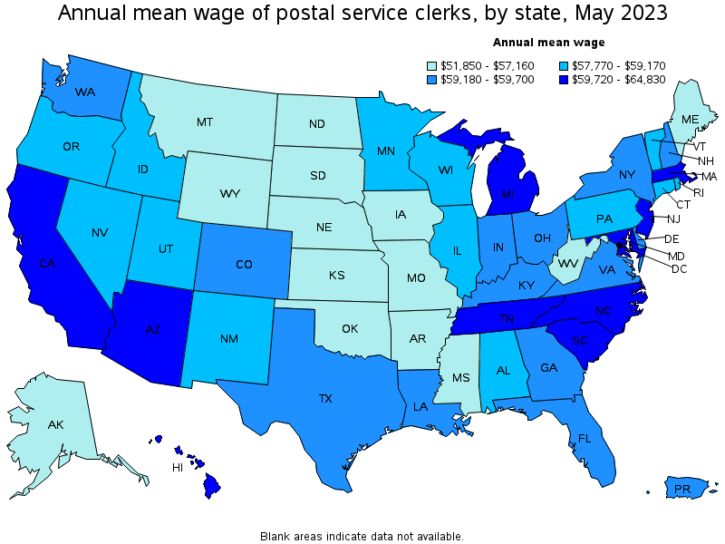 Map of annual mean wages of postal service clerks by state, May 2023