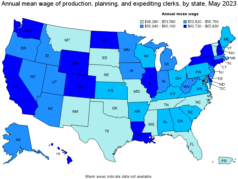 Map of annual mean wages of production, planning, and expediting clerks by state, May 2023