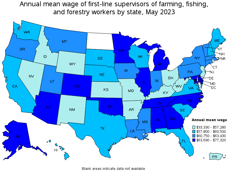 Map of annual mean wages of first-line supervisors of farming, fishing, and forestry workers by state, May 2021