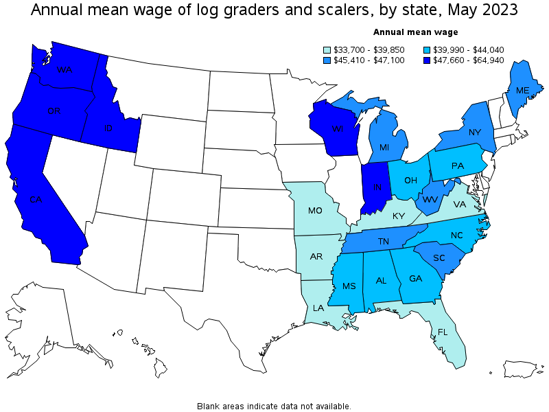 Map of annual mean wages of log graders and scalers by state, May 2022