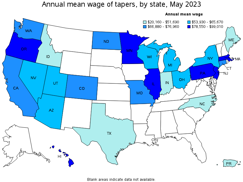 Map of annual mean wages of tapers by state, May 2023