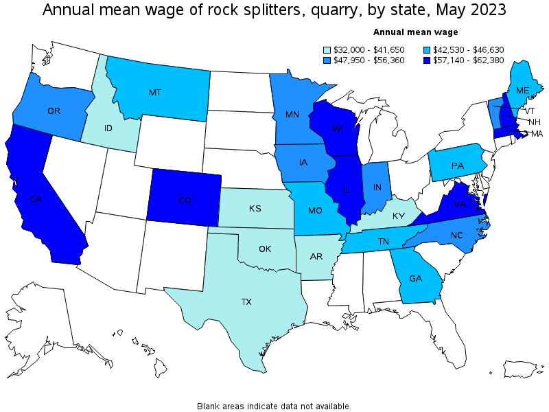 Map of annual mean wages of rock splitters, quarry by state, May 2023