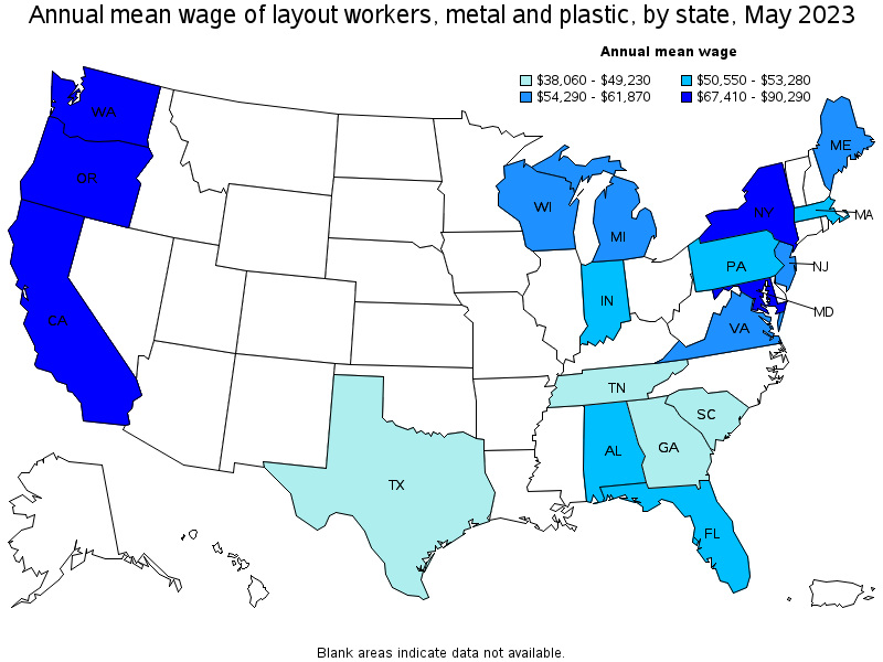 Map of annual mean wages of layout workers, metal and plastic by state, May 2023