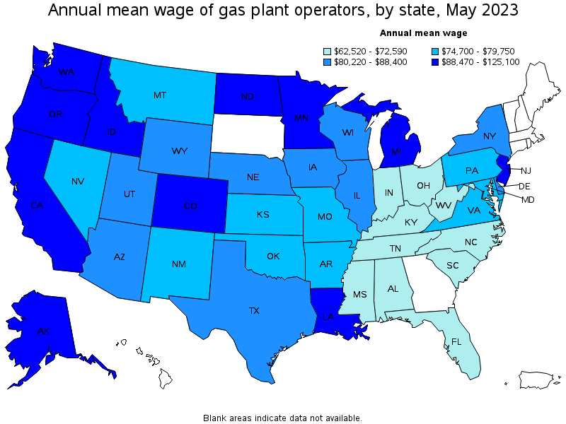 Map of annual mean wages of gas plant operators by state, May 2023