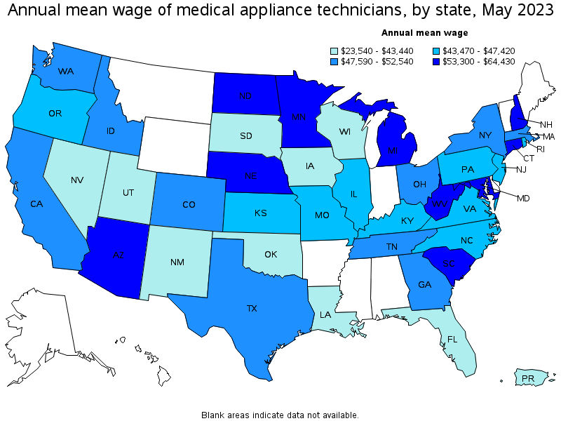 Map of annual mean wages of medical appliance technicians by state, May 2021