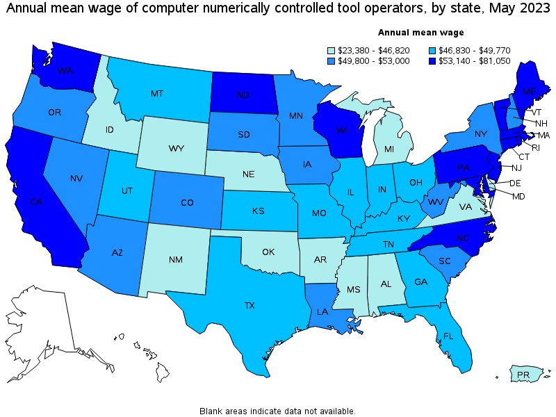 Map of annual mean wages of computer numerically controlled tool operators by state, May 2023