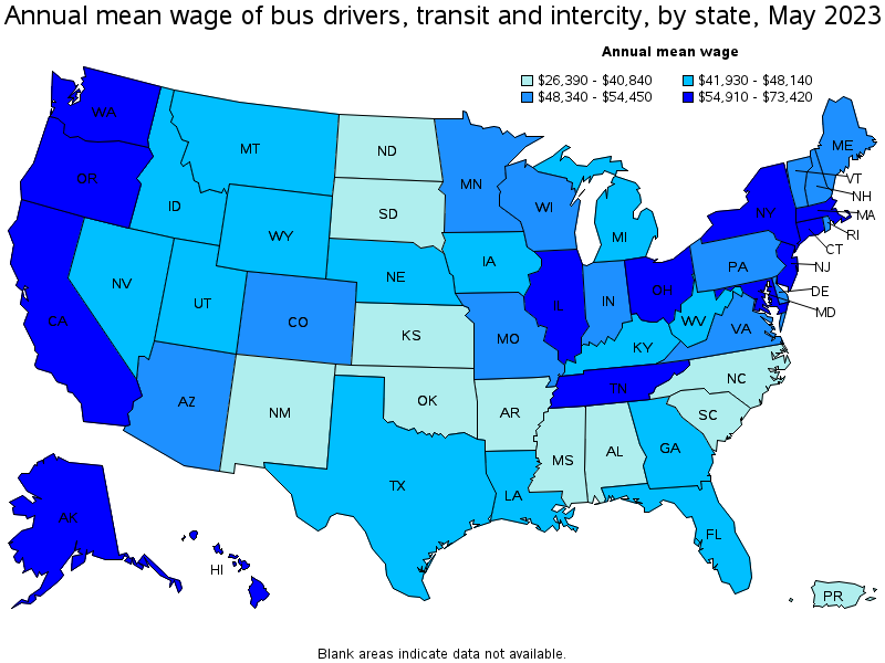 Map of annual mean wages of bus drivers, transit and intercity by state, May 2022