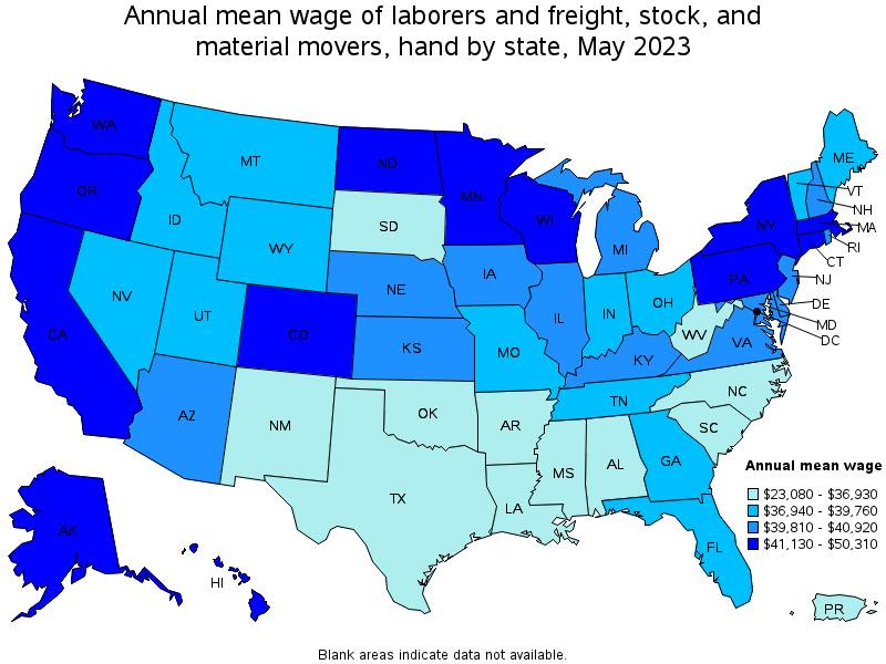 Map of annual mean wages of laborers and freight, stock, and material movers, hand by state, May 2022