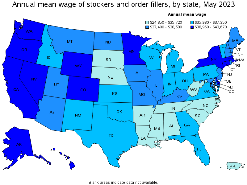 Map of annual mean wages of stockers and order fillers by state, May 2021