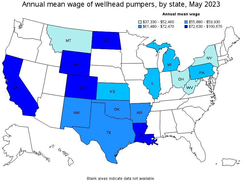 Map of annual mean wages of wellhead pumpers by state, May 2021