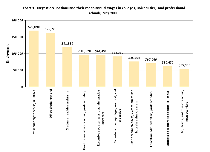 Largest occupations and their mean annual wages in colleges, universities, and professional schools, May 2008