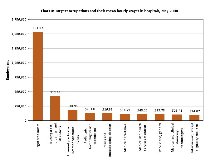 Largest occupations and their mean hourly wages in hospitals, May 2008