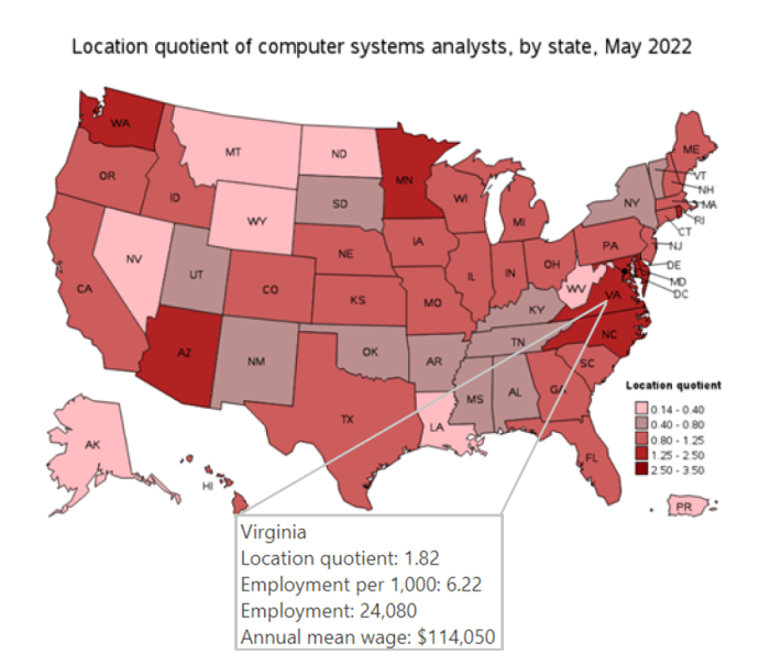 Location quotient of computer system analysts, by state, May 2022