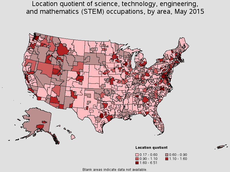 Location quotient of science, technology, engineering, and mathematics (STEM) occupations, by area, May 2015