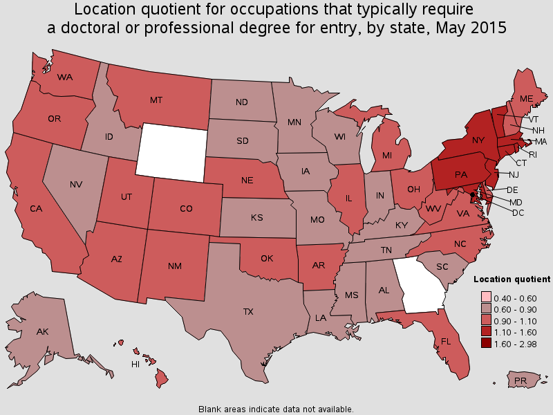 Location quotient for occupations that typically require a doctoral or professional degree for entry, by state, May 2015