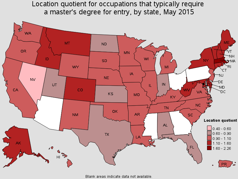 Location quotient for occupations that typically require a master's degree for entry, by state, May 2015