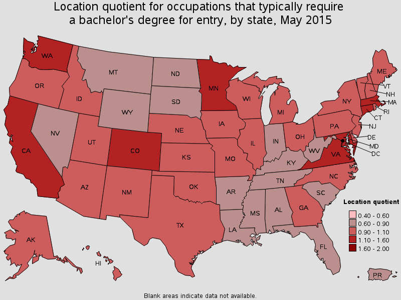 Location quotient for occupations that typically require a bacherlor's degree for entry, by state, May 2015