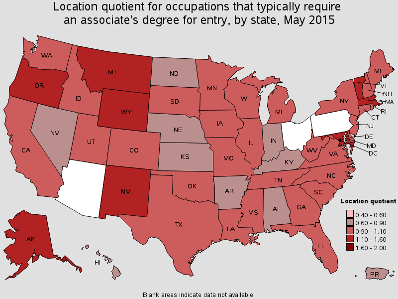 Location quotient for occupations that typically require a associate's degree for entry, by state, May 2015