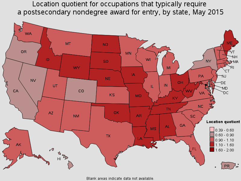 Location quotient for occupations that typically require a postsecondary nondegree award for entry, by state, May 2015