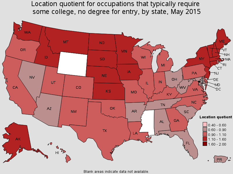 Location quotient for occupations that typically require some college, no degree for entry, by state, May 2015