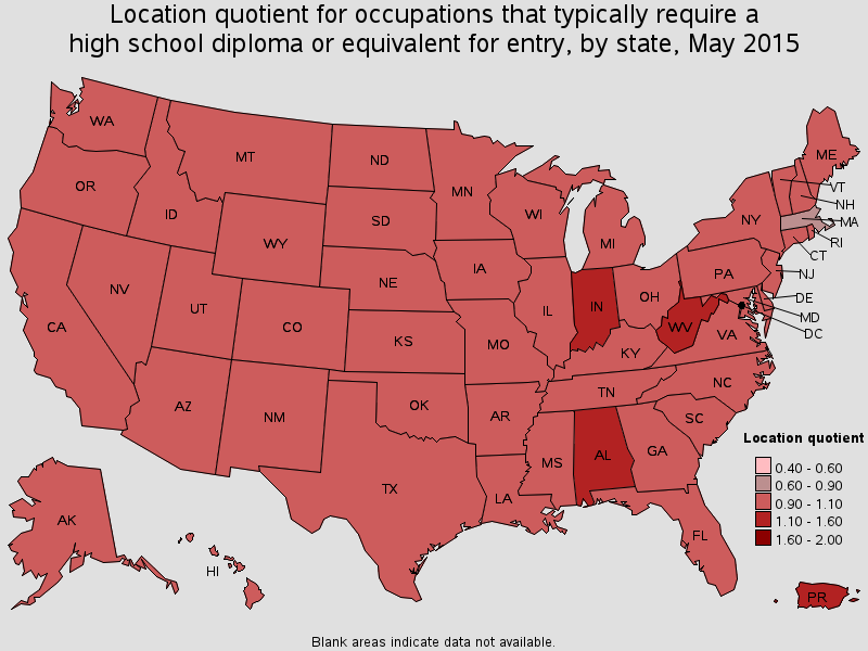 Location quotient for occupations that typically require high school diploma or equivalent for entry, by state, May 2015