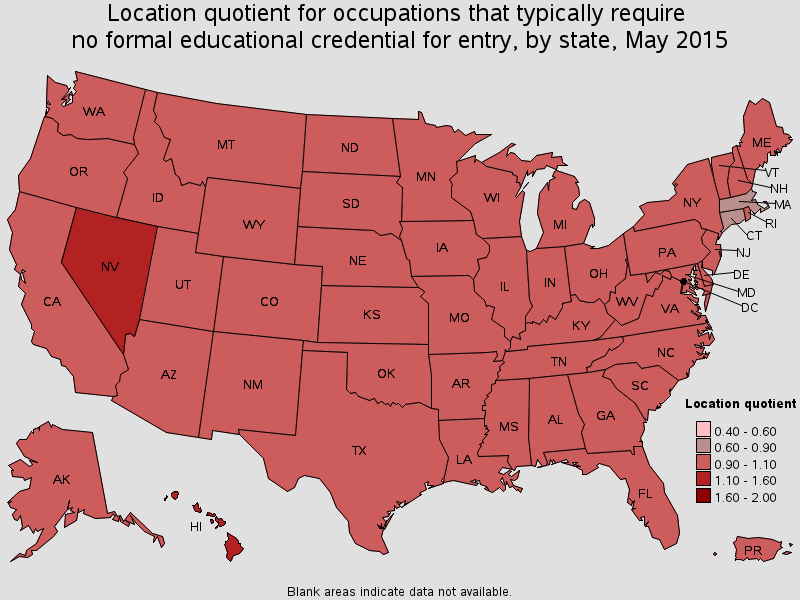 Location quotient for occupations that typically require no formal educational credential for entry, by state, May 2015