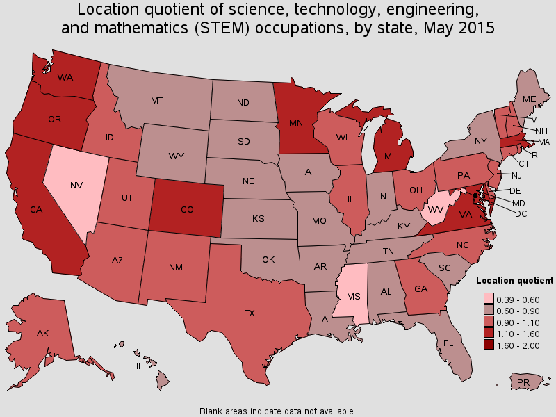 Location quotient of science, technology, engineering, and mathematics (STEM) occupations, by state, May 2015