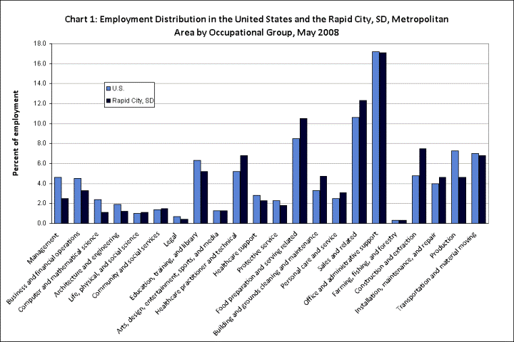 Employment Distribution in the United States and the Rapid City, SD, Metropolitan Area by Occupational Group, May 2008