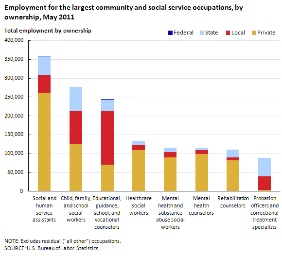 Employment for the largest community and social service occupations, by ownership, May 2011