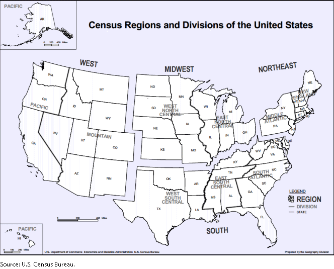Picture of the U.S. Map divided like puzzle pieces according to its 4 Census regions and 9 Census divisions 
