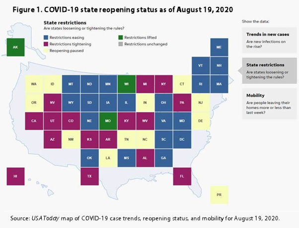 Figure 1. COVID-19 state reopening status as of August 19, 2020