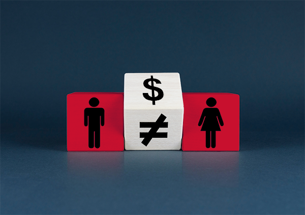 red and white blocks with a woman, man, dollar sign, and an inequality symbol