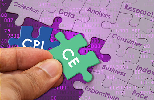 Hand holding CPI and CE puzzle pieces up to a puzzle containing other data-related puzzle pieces