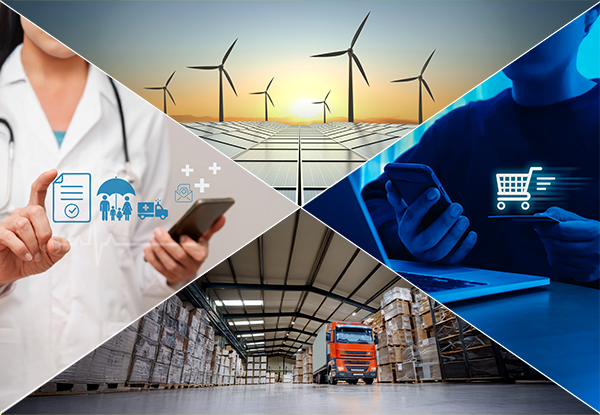 collage showing doctor using AI, windmills and solar panels, a person doing online shopping, and a truck in a warehouse. 