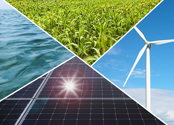 Collage showing water, solar panels, wind turbine, and crops