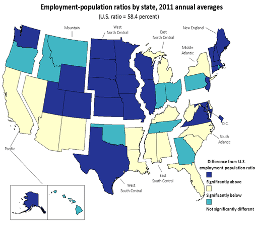 Employment population ratios by state, 2011 annual averages (U.S. ratio = 58.4 percent) 