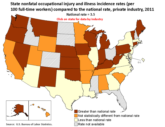 State nonfatal occupational injury and illness incidence rates (per 100 full-time workers) compared to national rate, private industry, 2011