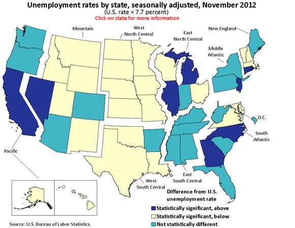Unemployment rates by state, seasonally adjusted, November 2012 (U.S. rate = 7.7 percent)