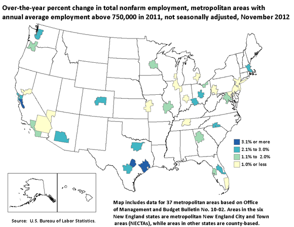 Over-the-year change in total nonfarm employment, metropolitan areas with annual average employment above 750,000 in 2011, not seasonally adjusted, November 2012