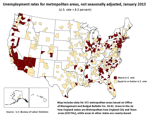 Unemployment rates for metropolitan areas, not seasonally adjusted, January 2013