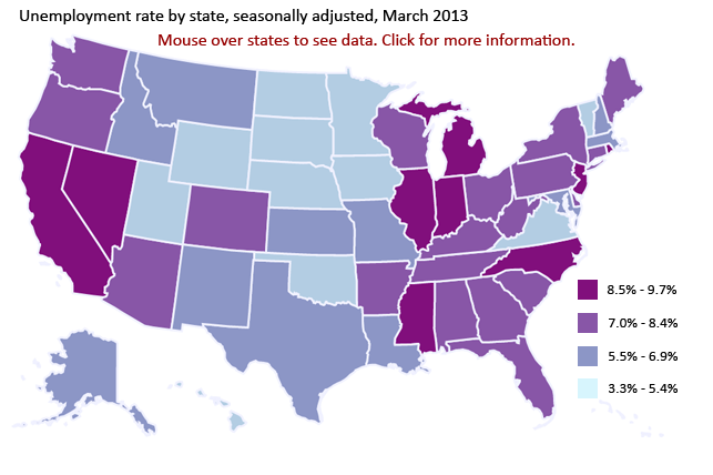 Unemployment by state, seasonally adjusted, March 2013