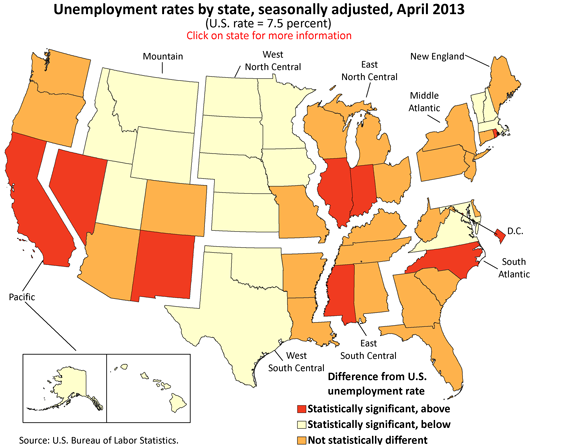 Unemployment rates by state, seasonally adjusted, April 2013 (U.S. rate = 7.5 percent)