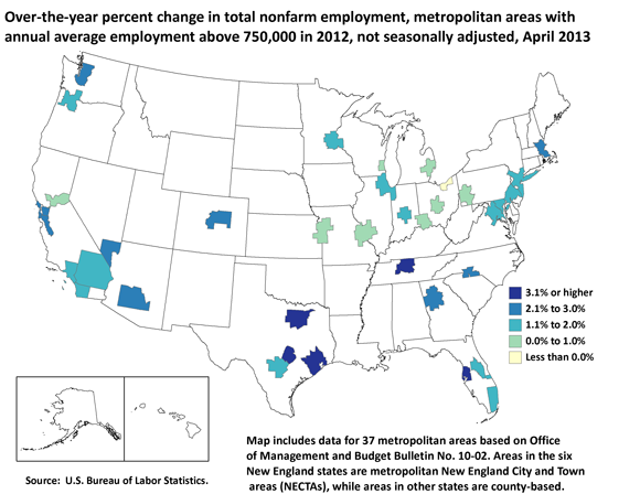 Over-the-year change in total nonfarm employment, metropolitan areas with annual average employment above 750,000 in 2012, not seasonally adjusted, April 2013