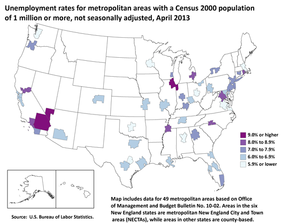 Unemployment rates for metropolitan areas with a Census population of 1 million or more, not seasonally adjusted, April 2013
