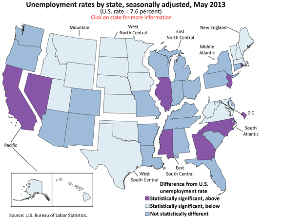 Unemployment rates by state, seasonally adjusted, May 2013 (U.S. rate = 7.6 percent)